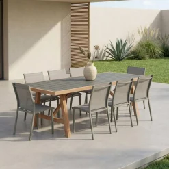 Acacia wood and aluminium garden table + 8 chairs