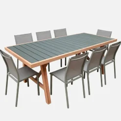 Acacia wood and aluminium garden table + 8 chairs