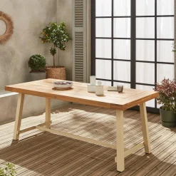 Acacia wood and steel table, indoor/outdoor