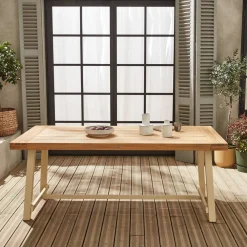Acacia wood and steel table, indoor/outdoor