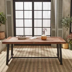Acacia wood and steel table, indoor/outdoor