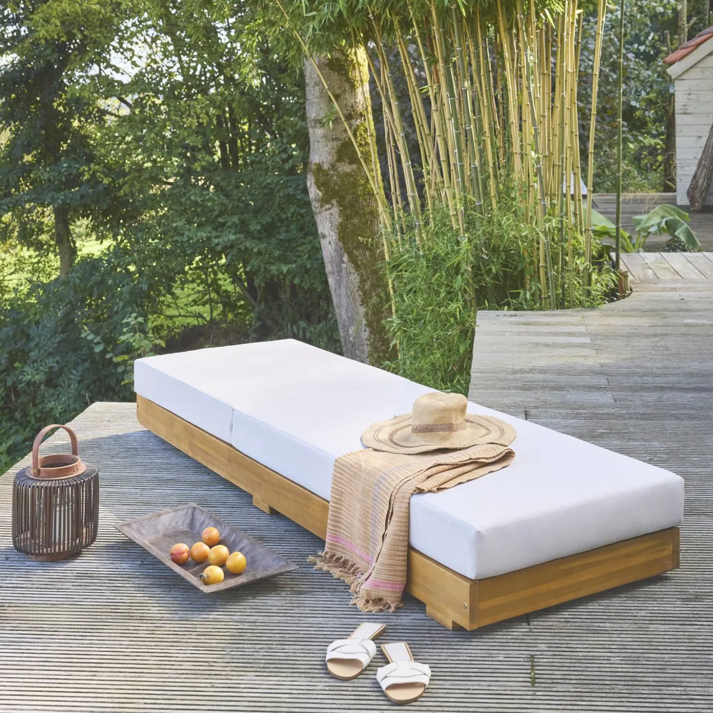 Acacia wood multi-position sun lounger with cushion