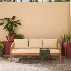 Acacia Wood 3-Seater Outdoor Sofa with Ropes and Fabric cushions