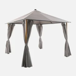 Aluminum gazebo 3x3m with wood effect, curtains, and LED