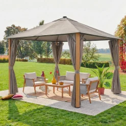 Aluminum gazebo 3x3m with wood effect, curtains, and LED