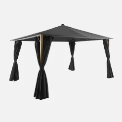 Aluminum gazebo 4x3m with wood effect, curtains, and LED