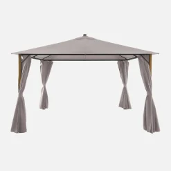 Aluminum gazebo 4x3m with wood effect, curtains, and LED