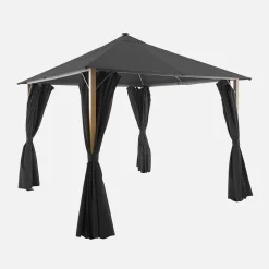 Aluminum gazebo 3x3m with wood effect, curtains, and LED