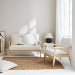 Armchair and love seat in boucle fabric and rubber wood