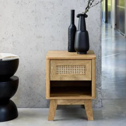 Bedside table with drawer and niche, wood effect and cane