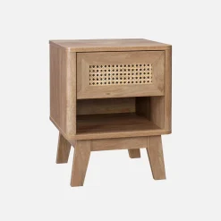 Bedside table with drawer and niche, wood effect and cane