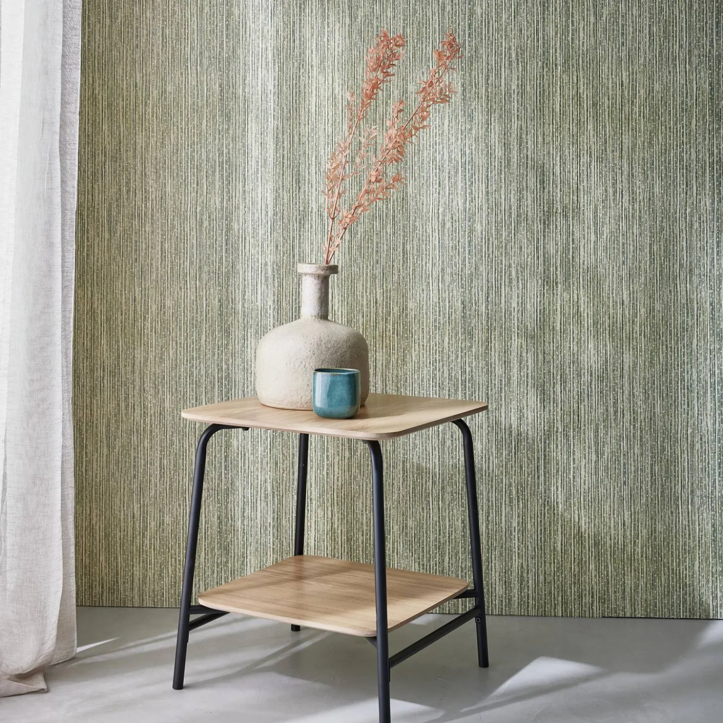 Bedside table with wood effect and a steel frame