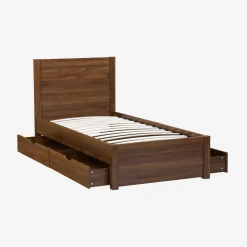 Bed with slatted base and headboard 90 x 190cm + 4 drawers wood decor