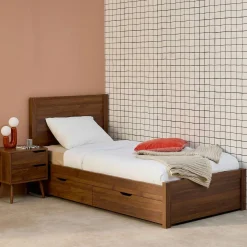 Bed with slatted base and headboard 90 x 190cm + 4 drawers wood decor