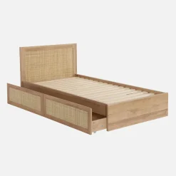 Bed with slatted base and headboard 90 x 190cm + 2 drawers with wood and cane rattan