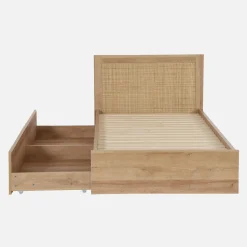 Bed with slatted base and headboard 90 x 190cm + 2 drawers with wood and cane rattan