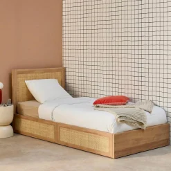 Bed with slatted base and headboard 90 x 190cm + 2 drawers with wood and cane rattan