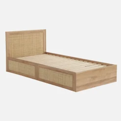 Bed with slatted base and headboard 90 x 190cm + 2 drawers with wood and cane rattan