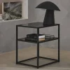 Black metal bedside table with shelf