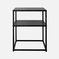 Black metal bedside table with shelf
