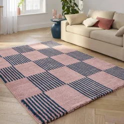 Blue and pink checkerboard indoor rug