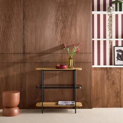 Bookshelf, glass, wood decor and metal, 3 levels