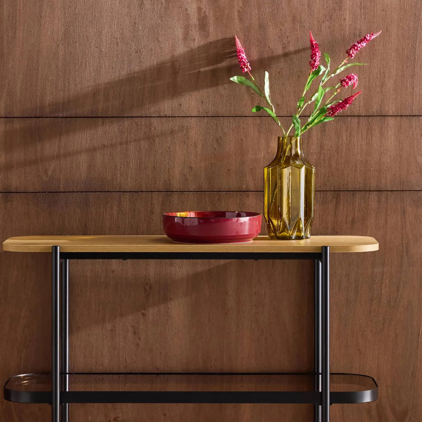 Bookshelf, glass, wood decor and metal, 3 levels