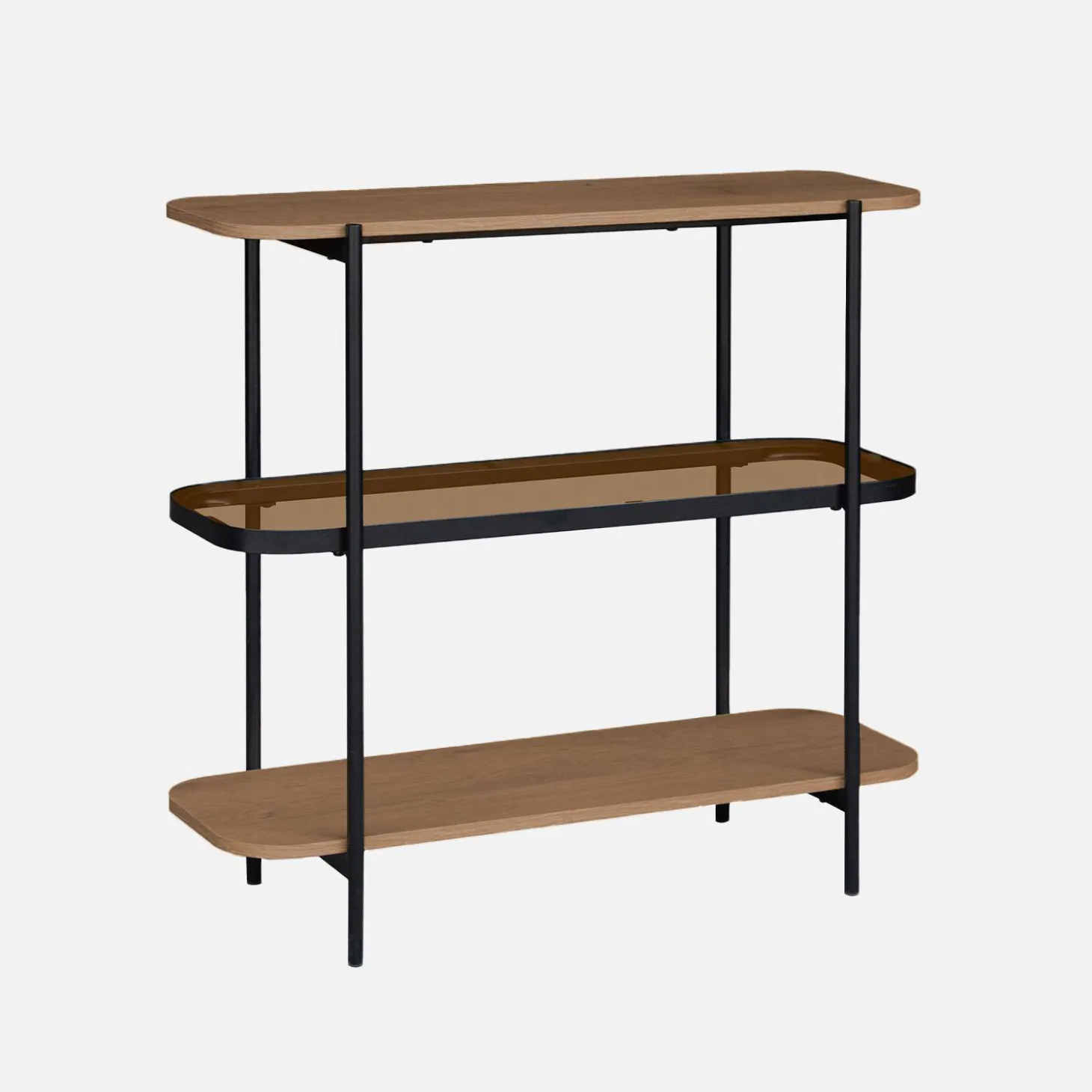 Bookshelf, glass, wood decor and metal, 3 levels