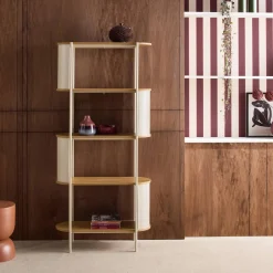 Bookshelf with curved metal and wood decor, 5 levels