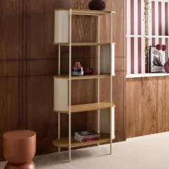 Bookshelf with curved metal and wood decor, 5 levels