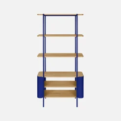 Bookshelf with curved metal and wood decor, 6 levels