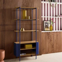 Bookshelf with curved metal and wood decor, 6 levels