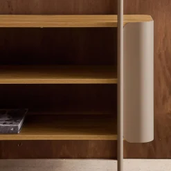 Bookshelf with curved metal and wood decor, 6 levels