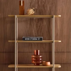 Bookshelf with curved metal and wood decor, 6 levels
