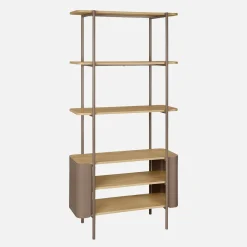 Bookshelf with curved metal and wood decor, 6 levels
