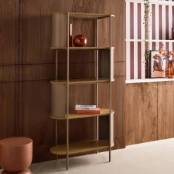 Bookshelf with curved metal and wood decor, 5 levels