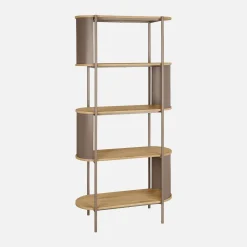 Bookshelf with curved metal and wood decor, 5 levels