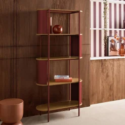 Bookshelf with curved metal and wood decor, 5 levels