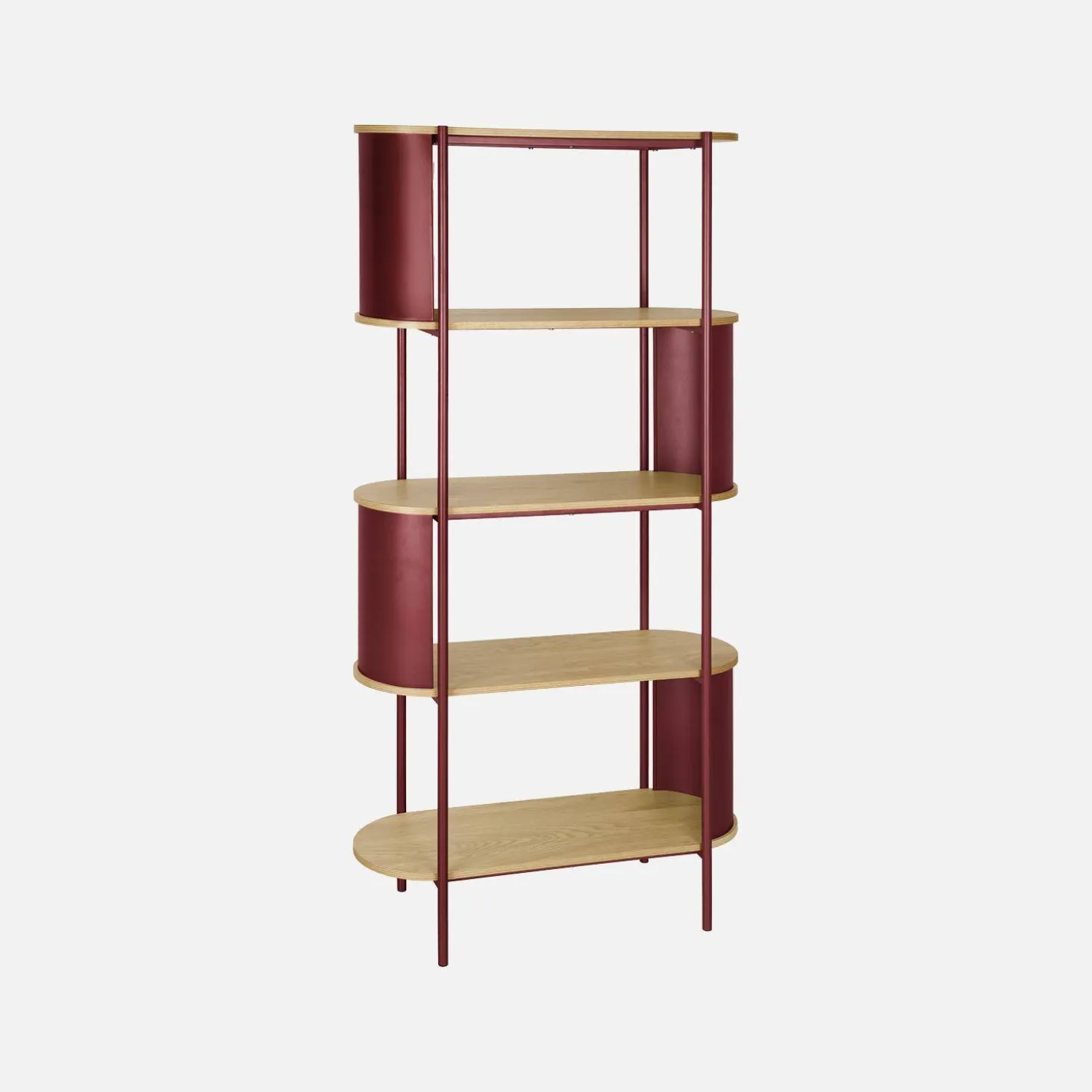 Bookshelf with curved metal and wood decor, 5 levels