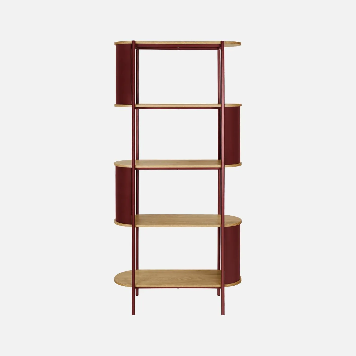 Bookshelf with curved metal and wood decor, 5 levels