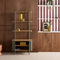 Bookshelf with curved metal and wood decor, 6 levels