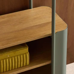 Bookshelf with curved metal and wood decor, 6 levels