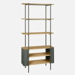 Bookshelf with curved metal and wood decor, 6 levels