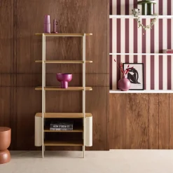 Bookshelf with curved metal and wood decor, 6 levels