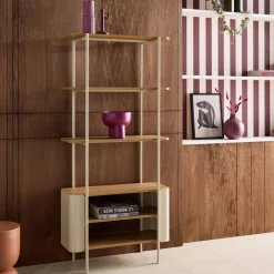 Bookshelf with curved metal and wood decor, 6 levels