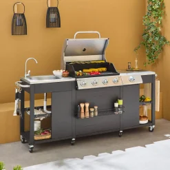 4-burner gas barbecue + 1 side burner, outdoor kitchen with sink
