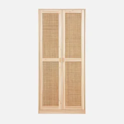 Cane and wood effect 2-door wardrobe with hanging space and storage units