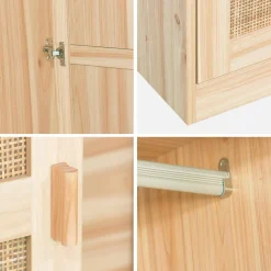 Cane and wood effect 2-door wardrobe with hanging space and storage units