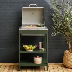 Charcoal barbecue grill stainless steel with shelves