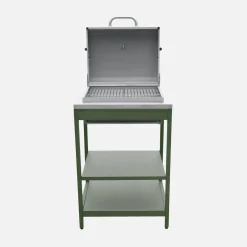 Charcoal barbecue grill stainless steel with shelves